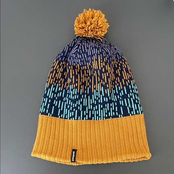 Patagonia Powder Town Beanie Blue Mustard Pom-Pom Unisex OS Outdoor Hiking Ski - Picture 3 of 8